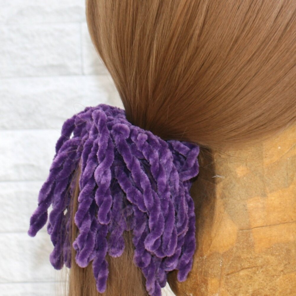 HAND CRAFTED Hair Scrunchie Crochet Chenille Velvet Oversized Fringe Purple